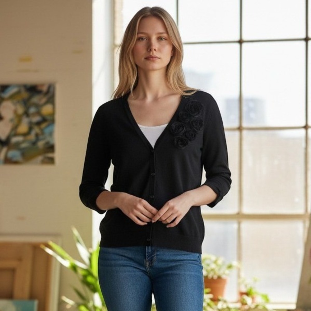 Floral Applique Cardigan Sweater Black 3/4 Sleeve Mesh Hem Whimsigoth‎ Vamp Sz L